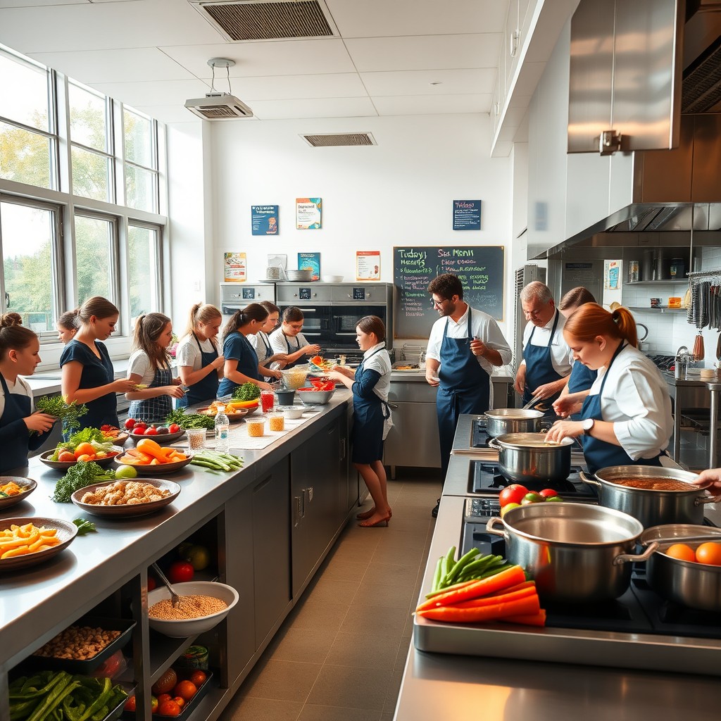 A vibrant school kitchen bustling with activity