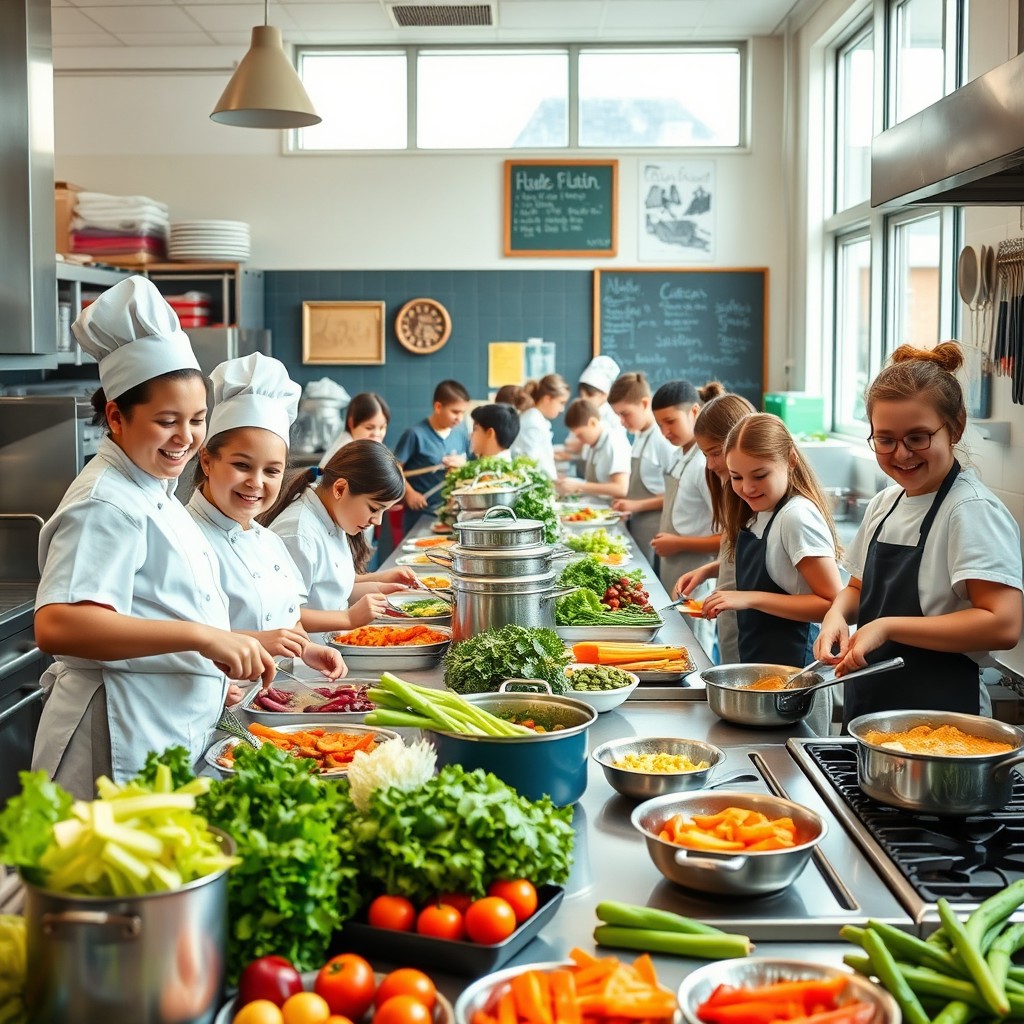 A vibrant and bustling school kitchen scene, showcasing chefs and students working together