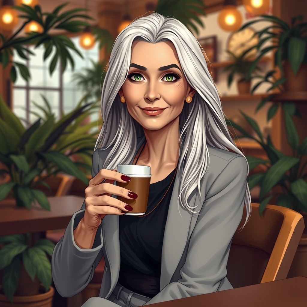 A character who is between 45 to 50 years old, exuding confidence and grace