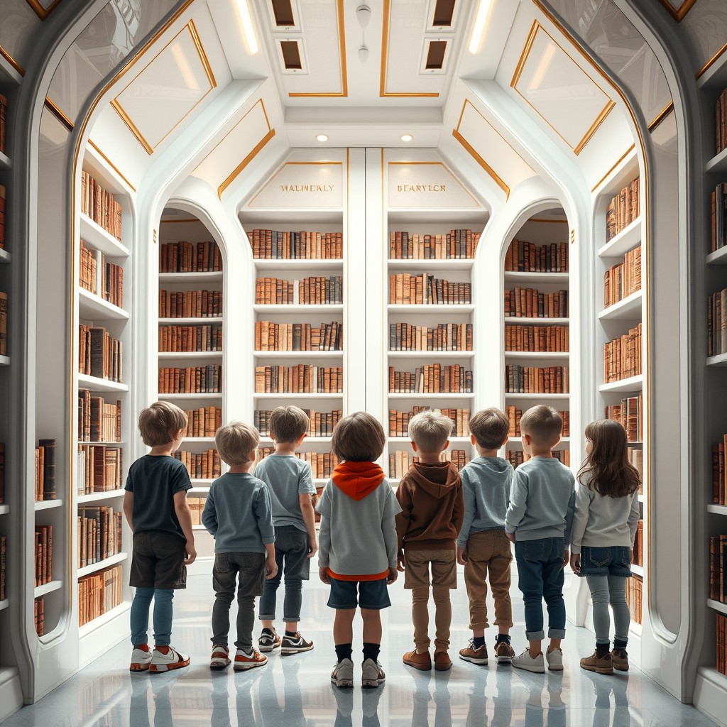 Eight children, with six fourteen-year-olds and two ten-year-olds, entering a futuristic library designed in white with golden lines