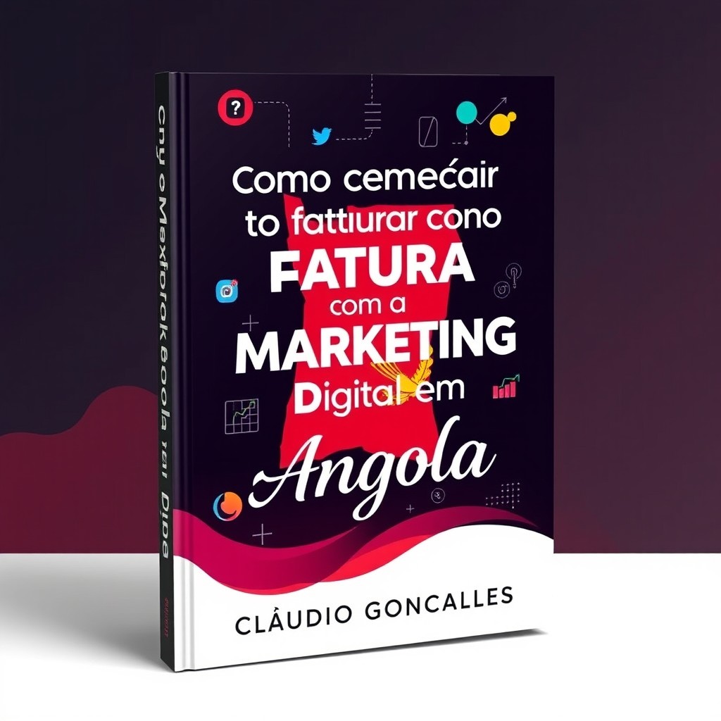A modern book cover design featuring the title "Como começar a faturar com o Marketing Digital em Angola" prominently displayed
