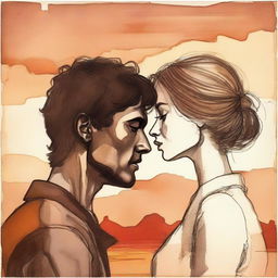 Depict a drawing of a man, locked in a gaze with a woman seen in side-profile, set against the warm hues of a sunset backdrop.