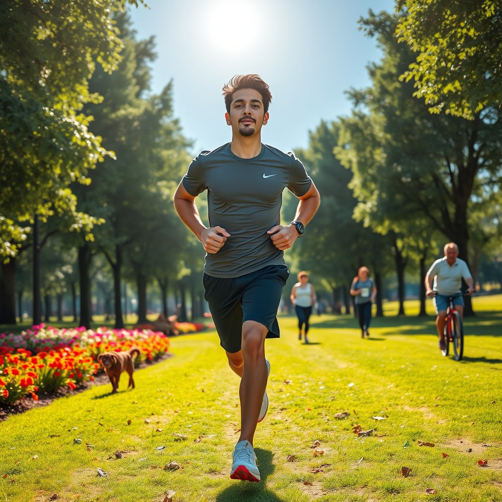 A dynamic scene of a young man named Osama running energetically through a vibrant park, surrounded by lush green trees and colorful flowers