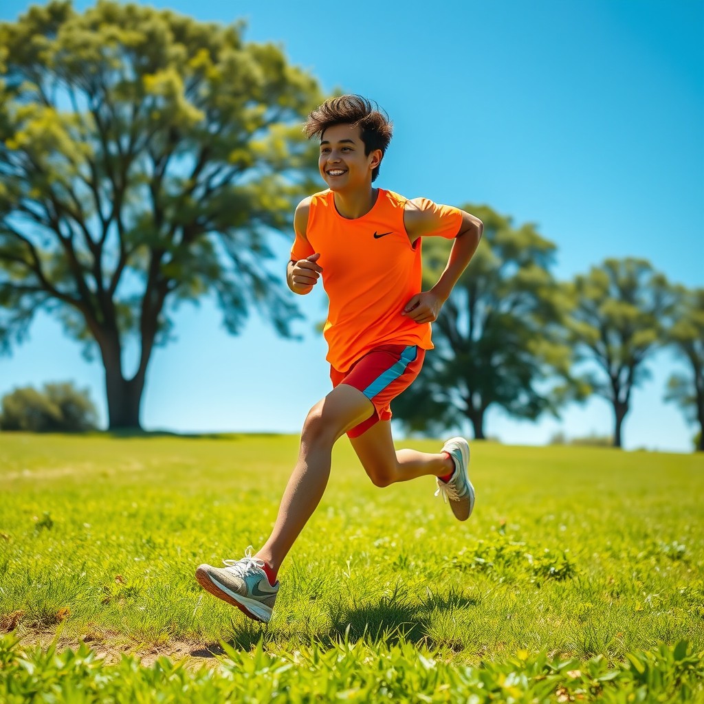 A young man named Osama energetically running in an open field with lush green grass under a clear blue sky