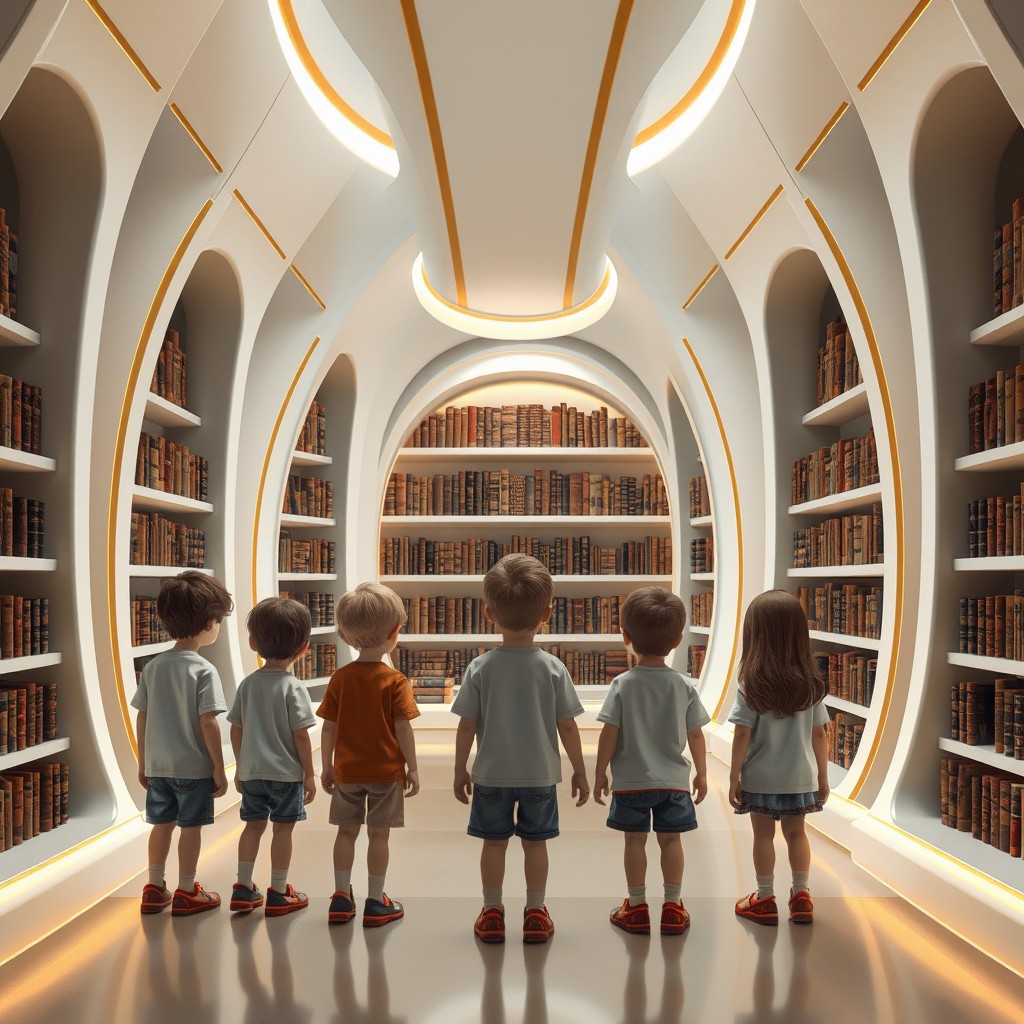 Eight children, approximately 14 years old, entering a futuristic library built on a floating island in the kingdom of wind