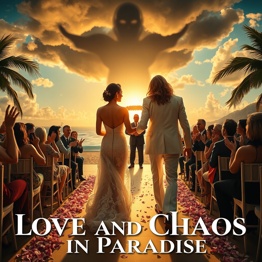 A cinematic poster that encapsulates the essence of 'Love and Chaos in Paradise', a dramedy blending romance, comedy, and emotional tension