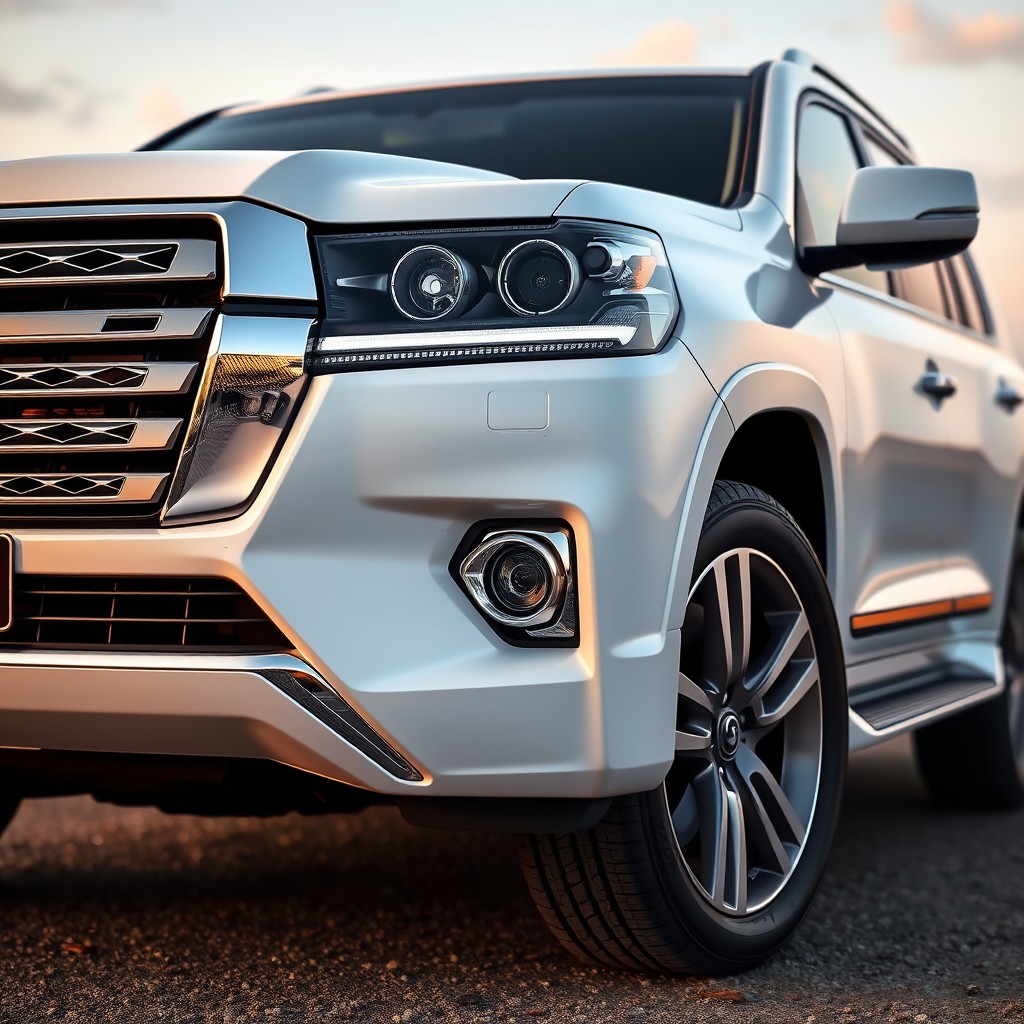 A precious luxury white SUV with a body resembling the Toyota Land Cruiser 300, showcasing its distinctive front grille and logo