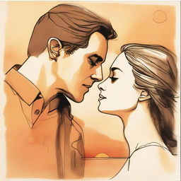 Depict a drawing of a man, locked in a gaze with a woman seen in side-profile, set against the warm hues of a sunset backdrop.