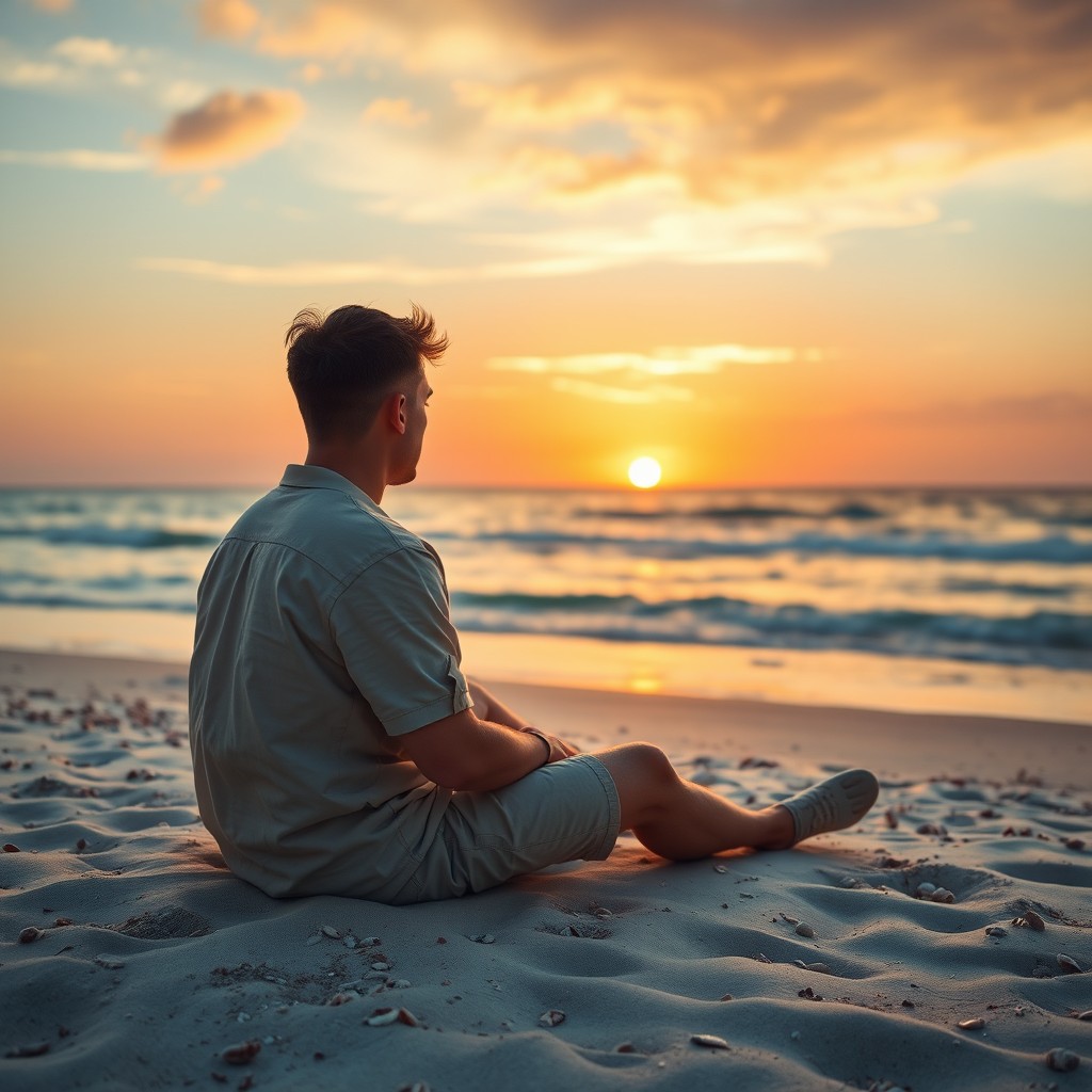 A solitary man sitting on a sandy beach, gazing out at the calm ocean waves under a vibrant sunset sky
