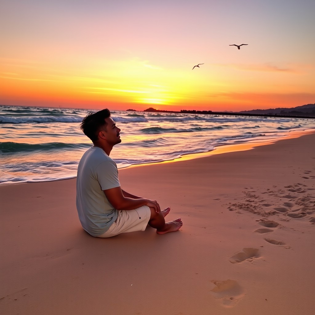 A serene scene of a man sitting alone on a sandy beach during sunset