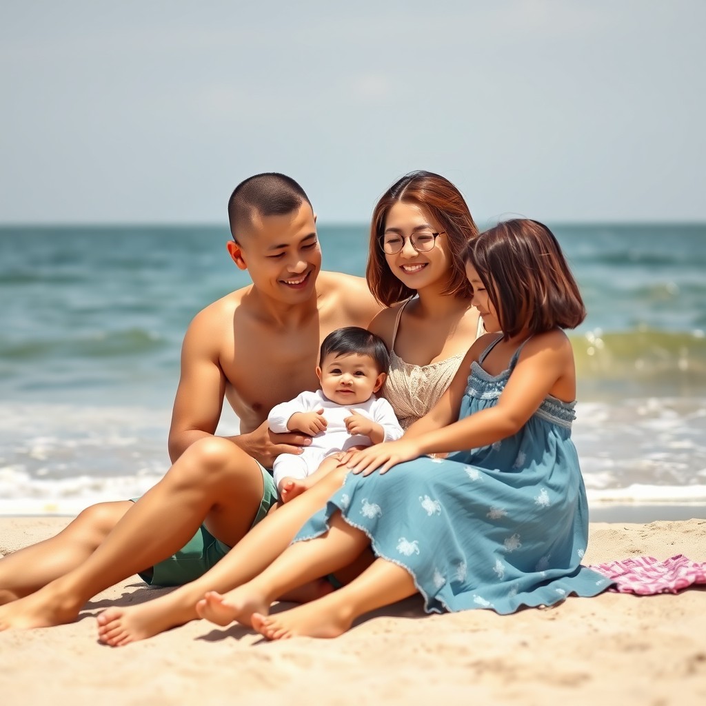 A family sitting on the beach enjoying a sunny day