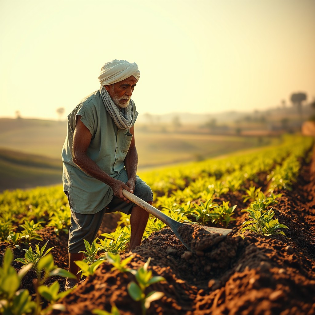 An elderly Indian farmer with a white turban and a muscular build, energetically digging the rich soil in a lush green farm with a sturdy metal spade