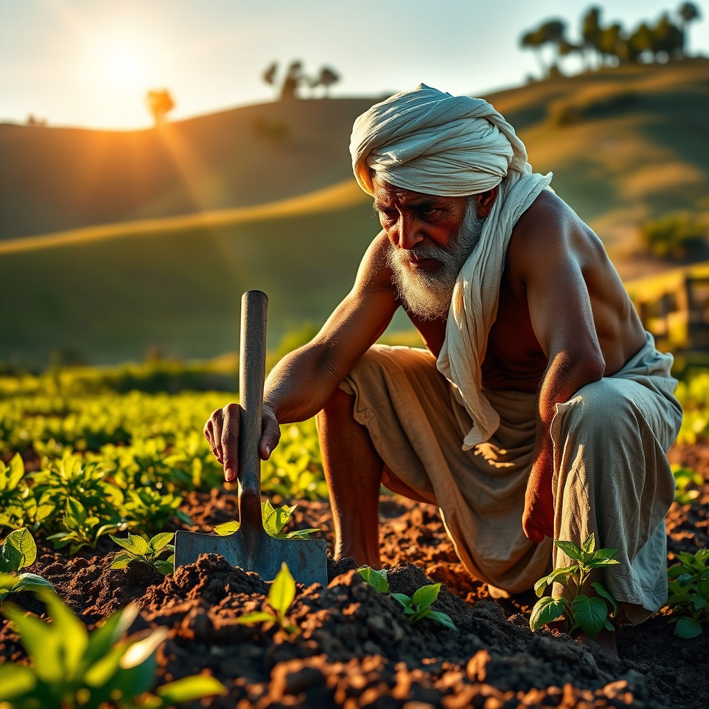 An elderly Indian farmer with a white turban and a muscular build, deeply focused and engaged in digging the rich soil of a lush green farm using a sturdy metal spade