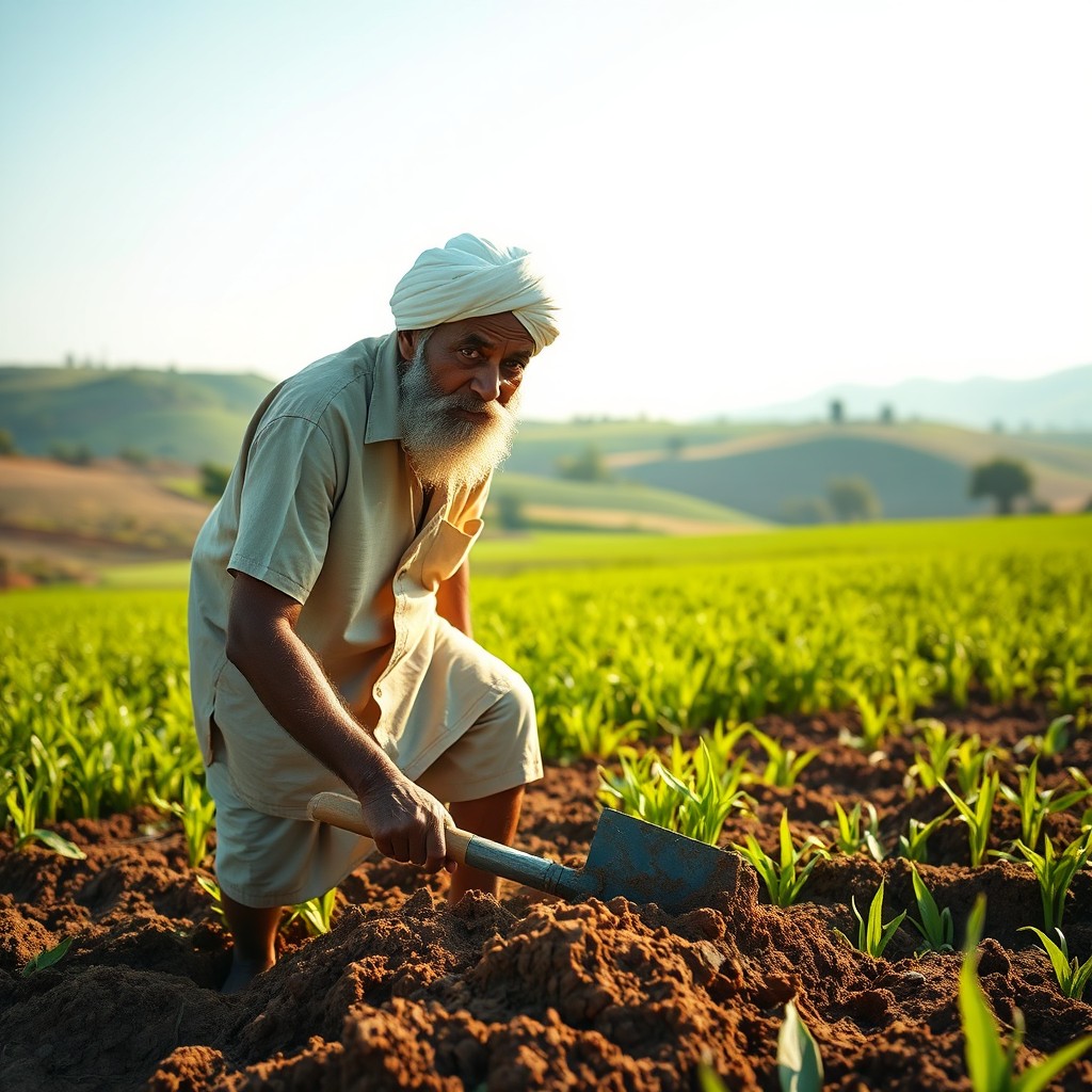 An elderly Indian farmer with a white turban and a muscular build, digging the soil in a lush green farm using a metal spade