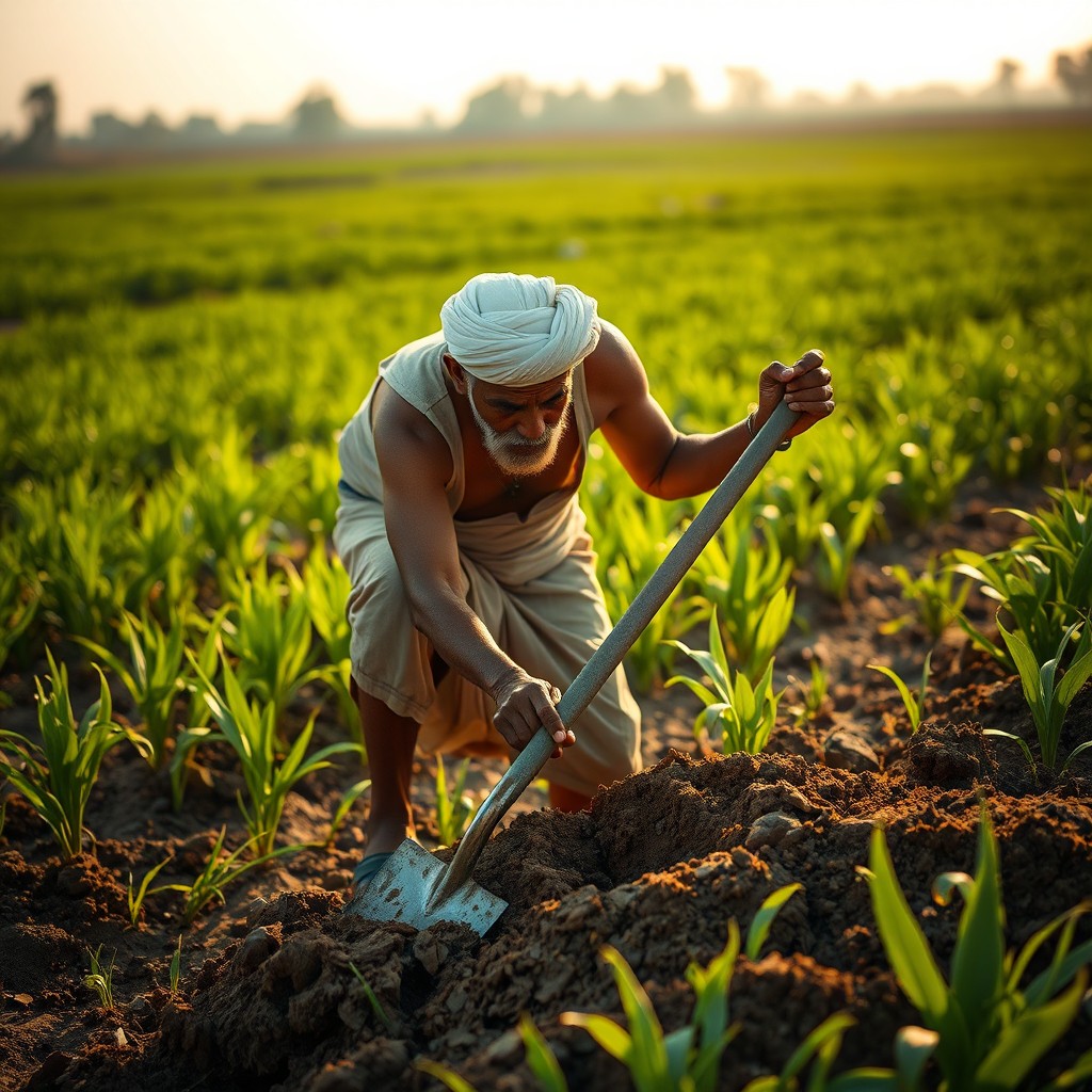An elderly Indian farmer with a white turban and a muscular build, diligently digging the soil in a lush green farm using a metal spade