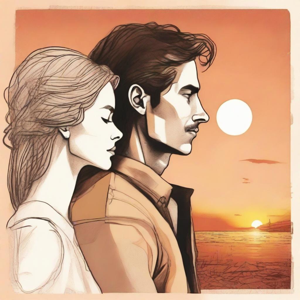 Depict a drawing of a man, locked in a gaze with a woman seen in side-profile, set against the warm hues of a sunset backdrop.