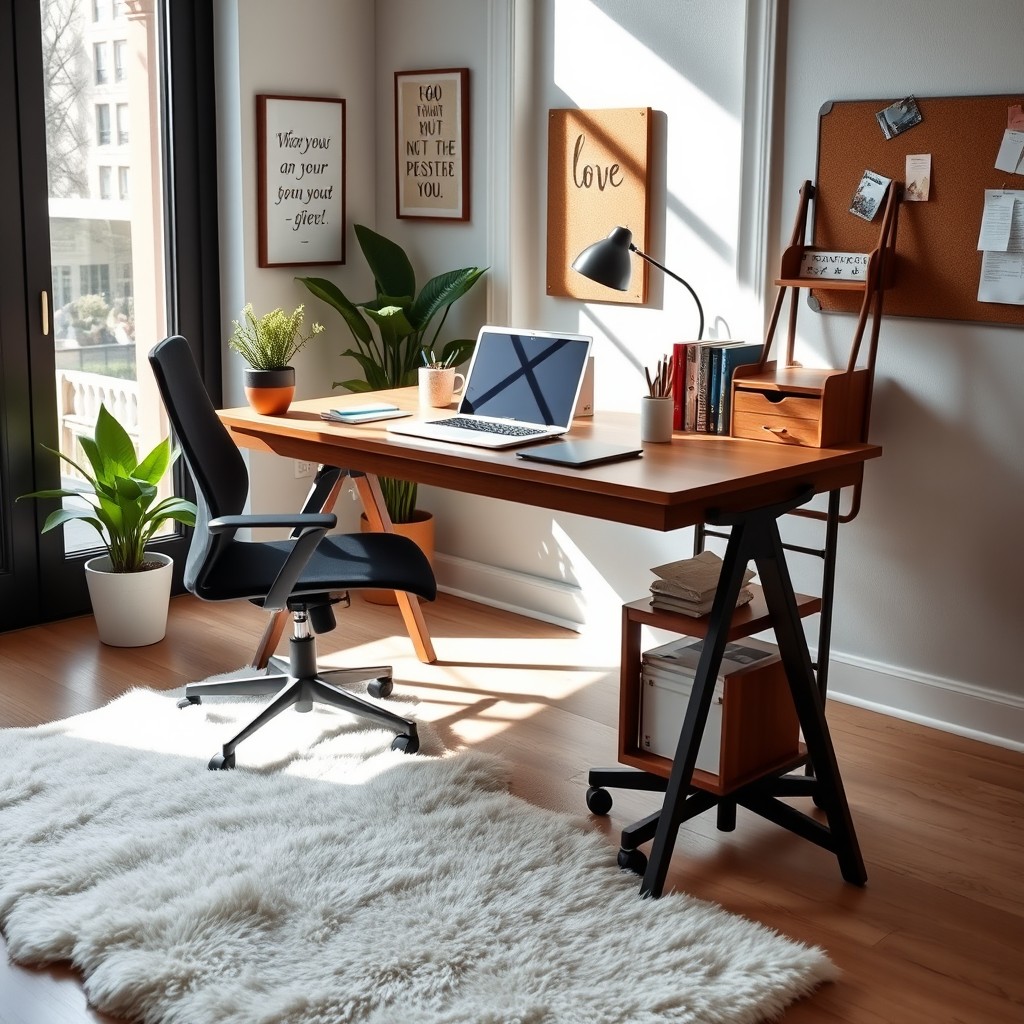 A cozy and modern home office setup featuring a stylish wooden desk with a sleek laptop, an ergonomic chair, and a potted plant for a touch of greenery
