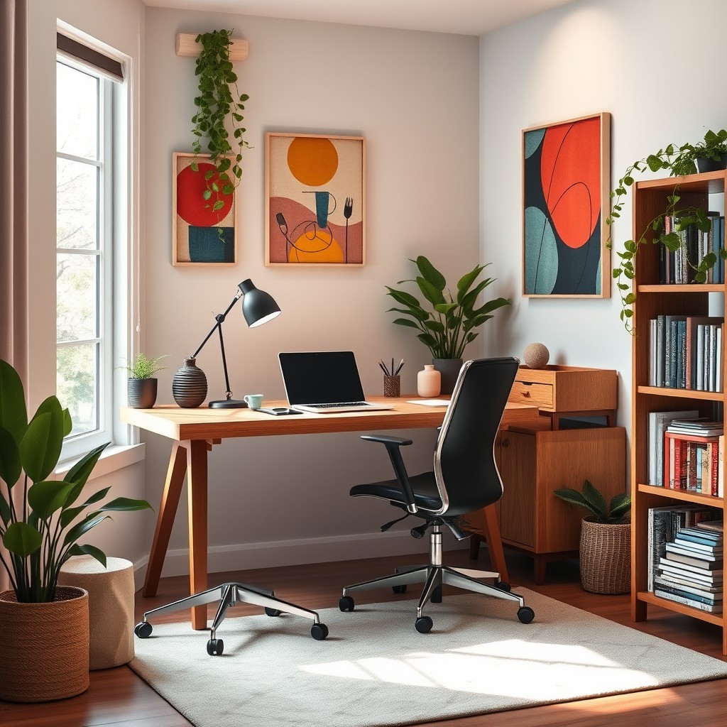 A stylish and modern home office setup, featuring a sleek wooden desk with a stylish ergonomic chair, a large window with natural light pouring in, plants adorning the corners, and colorful abstract art on the walls