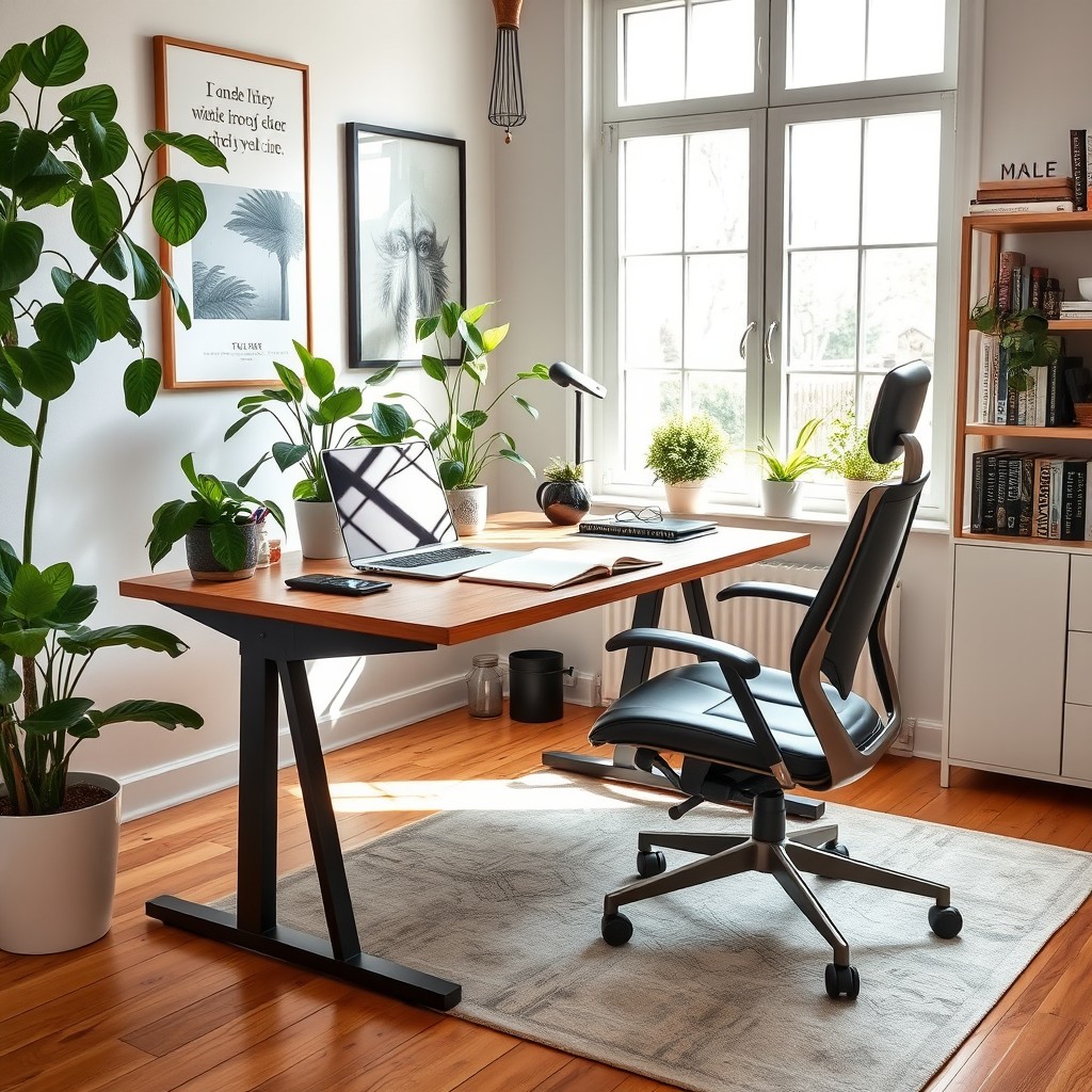 A cozy and stylish home office setup featuring a modern wooden desk with a sleek laptop, a comfortable ergonomic chair, and neatly organized stationery