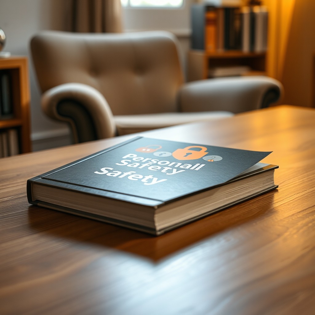 A close-up view of a book titled 'Personal Safety' sitting on a wooden desk