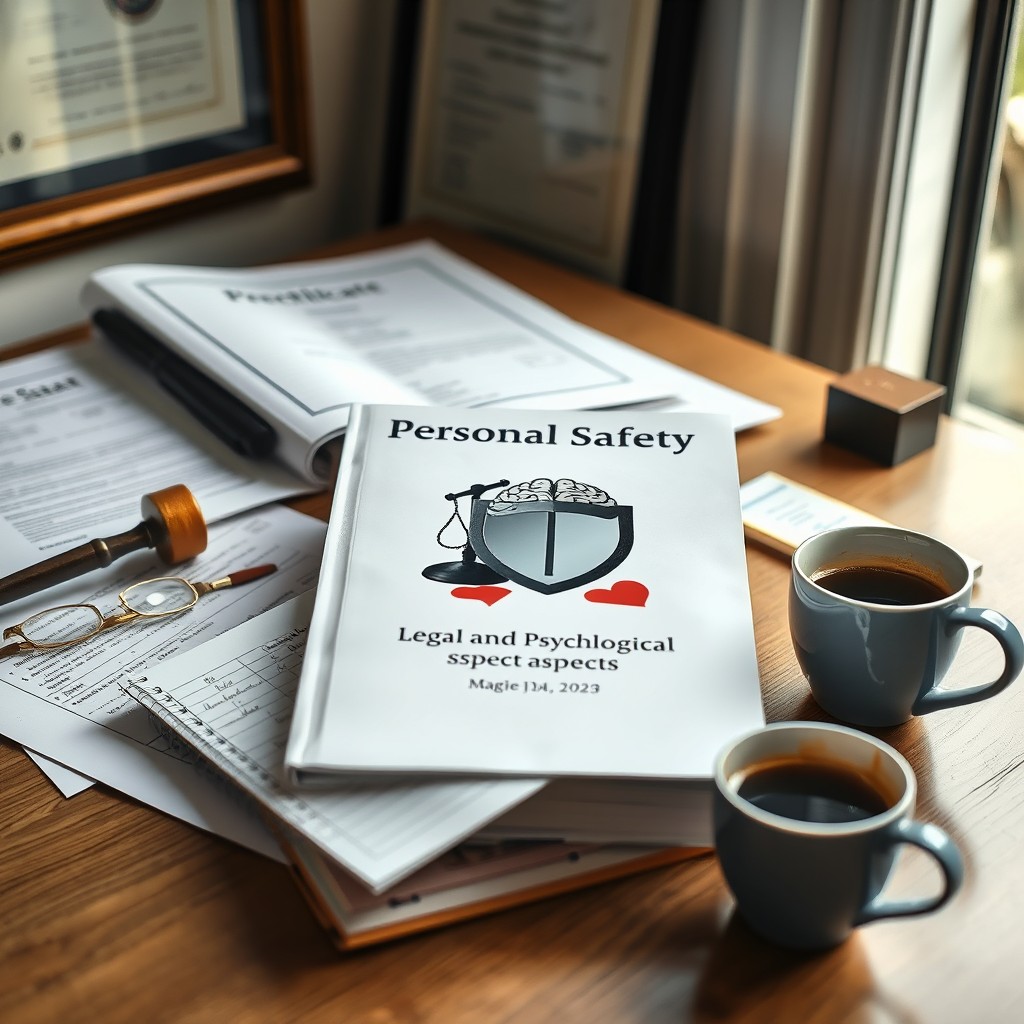An educational composition featuring a book titled 'Personal Safety: Legal and Psychological Aspects' on a study desk