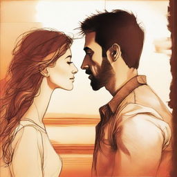 Depict a drawing of a man, locked in a gaze with a woman seen in side-profile, set against the warm hues of a sunset backdrop.