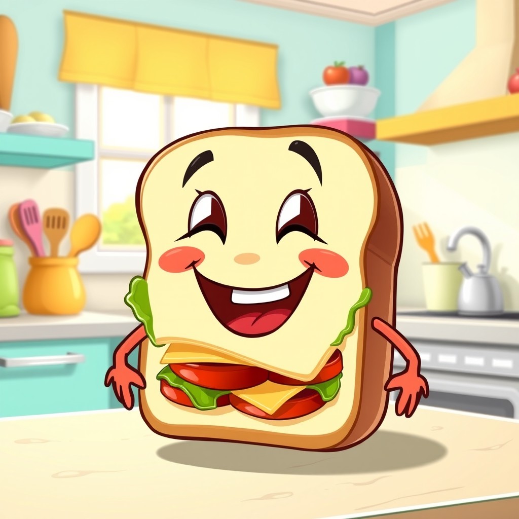 A whimsical, cartoon-style sandwich character laughing joyfully, with a smile that showcases lettuce, tomatoes, cheese, and two slices of bread