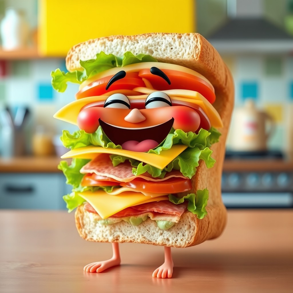 A whimsical, cheerful sandwich with animated facial features, laughing joyfully
