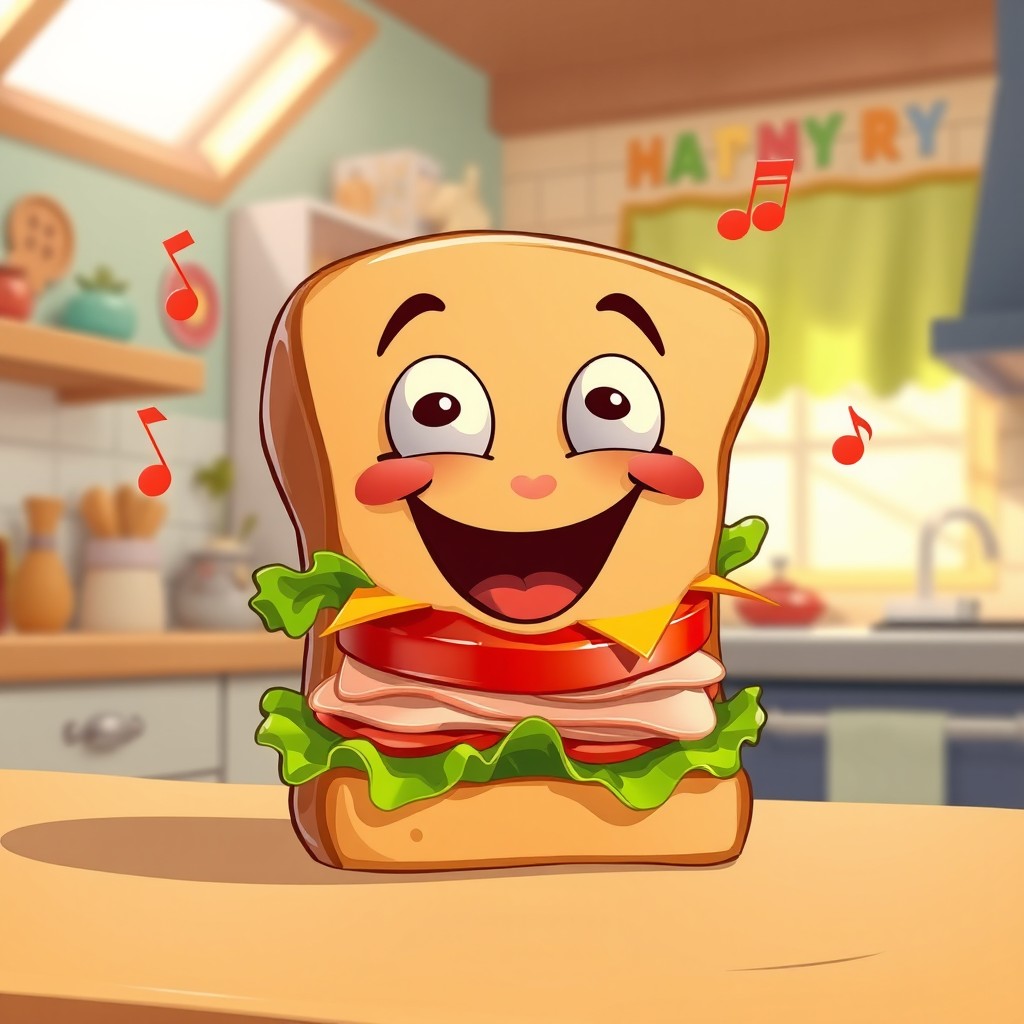 A whimsical scene featuring a sandwich with a smiling face, joyfully laughing
