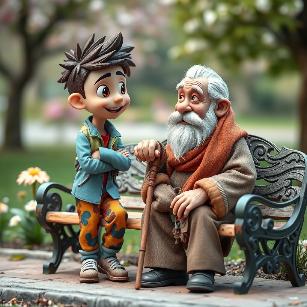 A miniature scene illustrating a conversation between a cheeky young man and a hunched elderly man