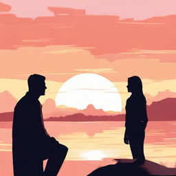 Illustrate a man observing a side-profile woman during a picturesque sunset.