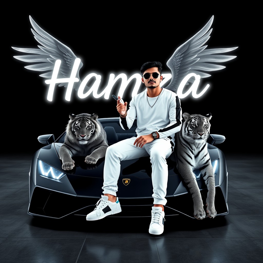 A 3D illusion profile picture featuring a 25-year-old smart boy wearing stylish sunglasses and a white and black outfit, sitting confidently on a sleek Lamborghini