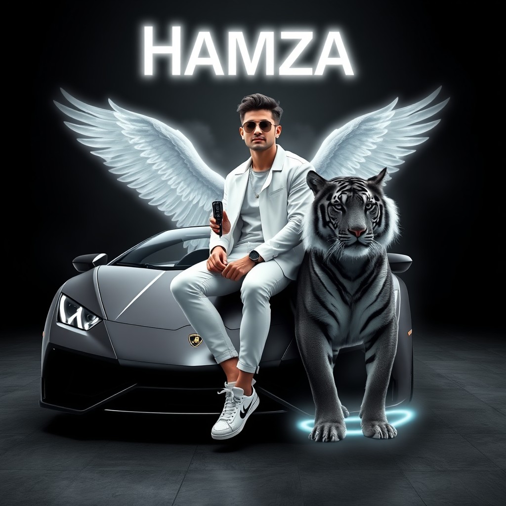 A 3D illusion profile picture featuring a 25-year-old intelligent looking boy wearing sunglasses, dressed in a stylish white and black outfit, sitting confidently on a luxurious Lamborghini