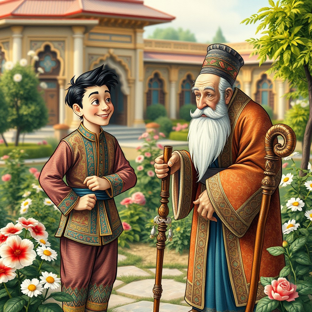 A miniature scene in the style of Persian miniature art, depicting a conversation between a cheeky young man and a hunched elderly man