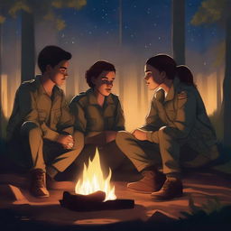 A high-quality digital art piece showcasing a diverse group of two young men and two young women, all military recruits