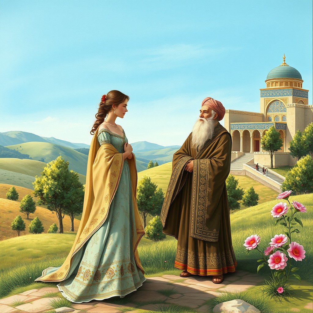 A scene in the style of traditional Iranian painting, depicting a serene landscape with rolling hills and a clear blue sky