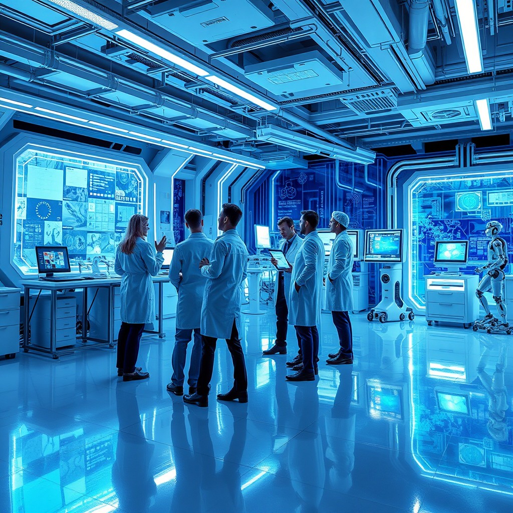 A futuristic laboratory filled with advanced technology, showcasing various devices like holographic screens, robotics, and artificial intelligence interfaces