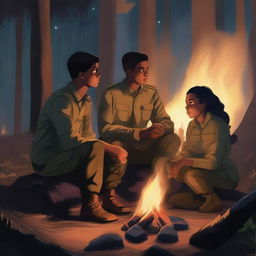 A high-quality digital art piece showcasing a diverse group of two young men and two young women, all military recruits