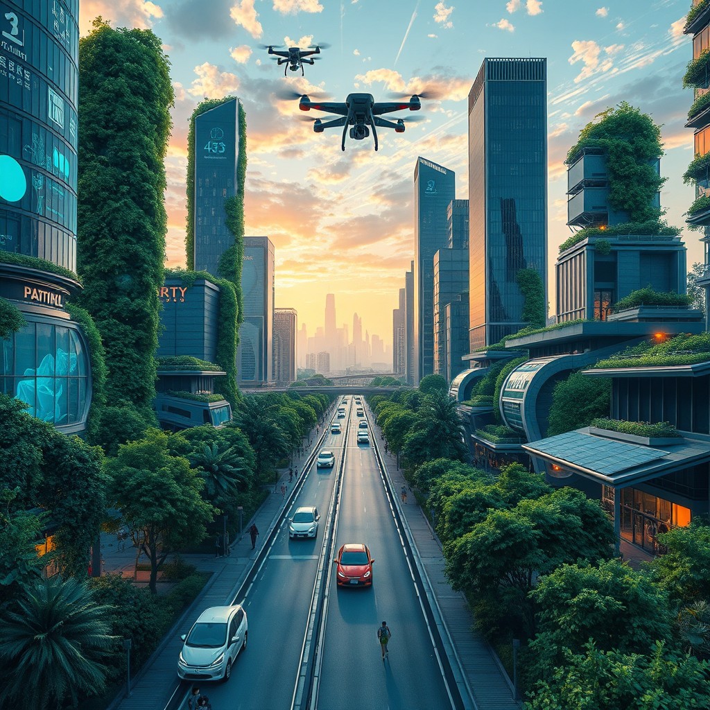 A futuristic cityscape that blends nature and artificial intelligence, showcasing lush greenery intertwined with advanced technology, sleek skyscrapers with digital displays, autonomous vehicles gliding through the streets, and people using augmented reality devices