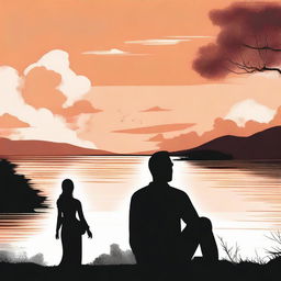 Illustrate a man observing a side-profile woman during a picturesque sunset.