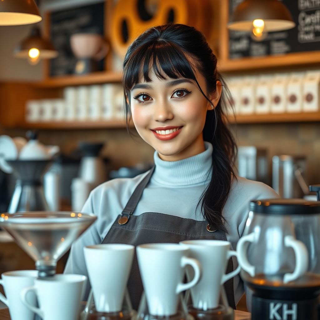 A beautiful barista with a round face, naturally rosy cheeks, and bright brown eyes
