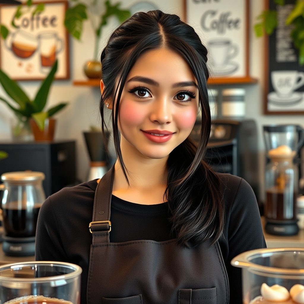 An extremely beautiful female barista with a round face, naturally rosy cheeks, and bright brown eyes