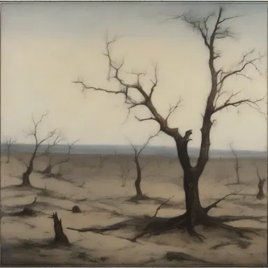 The painting depicted a barren landscape with withered trees and empty fields, symbolizing the absence of life.
