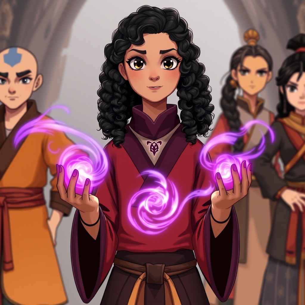 A 12-year-old girl named Rosie in the style of Avatar: The Last Airbender, depicted with 3A curly black hair and black eyes, exhibiting a cute but confident appearance