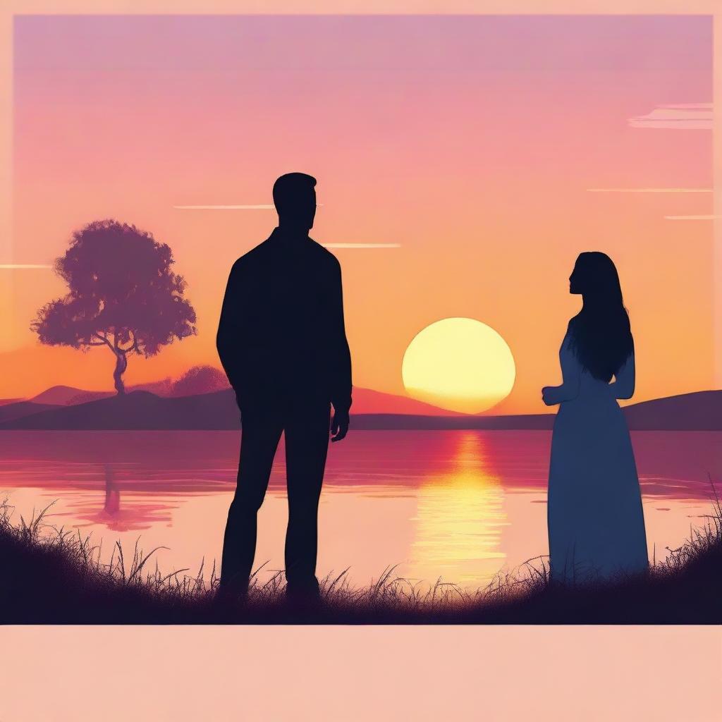 Illustrate a man observing a side-profile woman during a picturesque sunset.