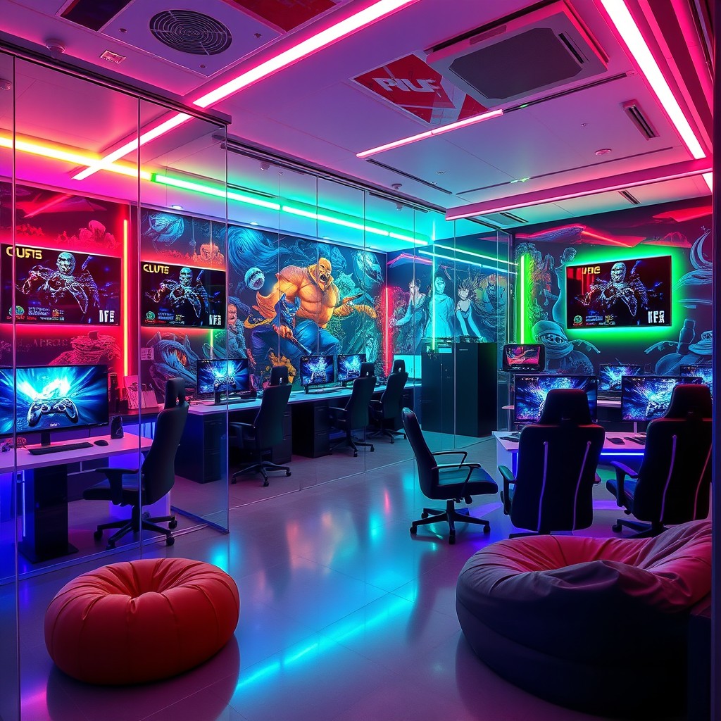 A modern office transformed into a vibrant PlayStation gaming area, featuring glass armouring design elements