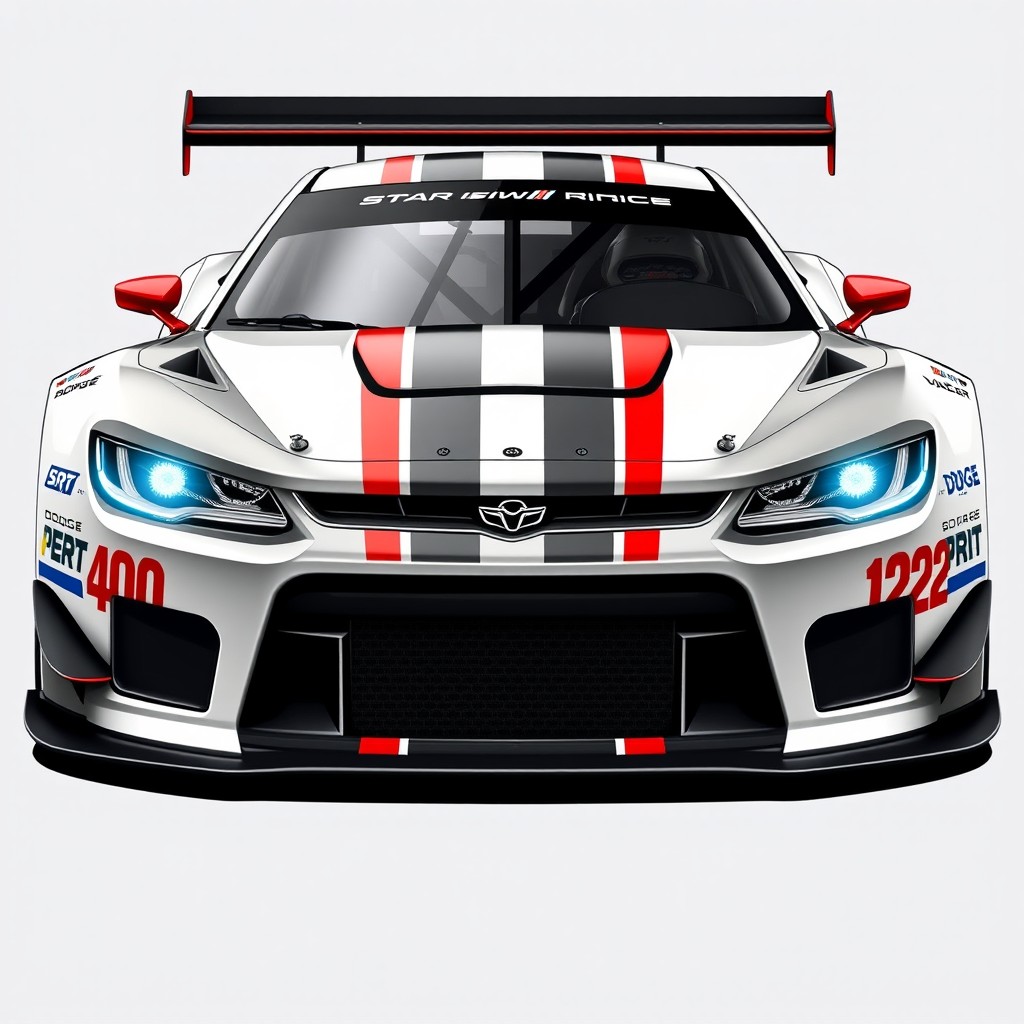 A detailed design of a race car with a front view featuring a grade crosshair and LED headlights