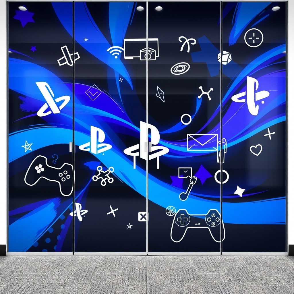 A vibrant and engaging office glass foil design meant for a PlayStation gaming area