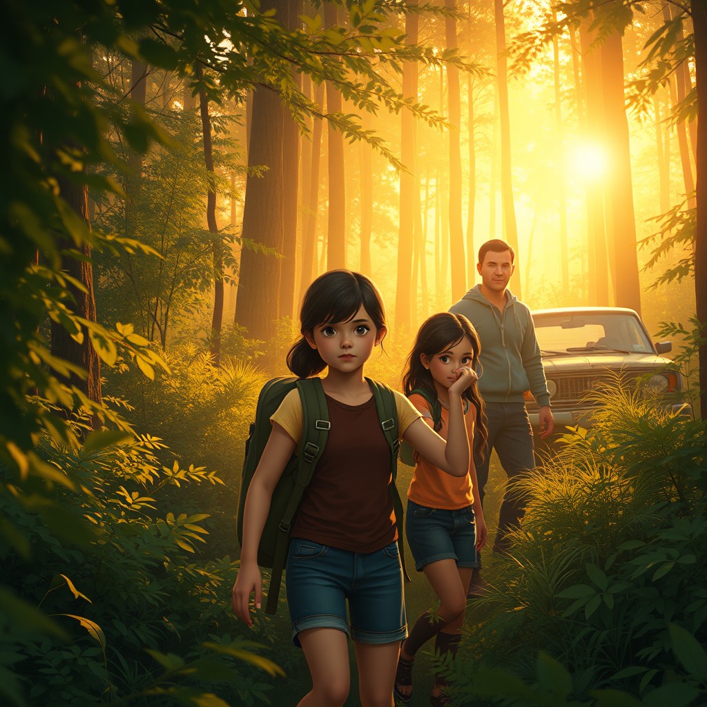 A forest at dawn with soft golden rays of sunlight piercing through thick foliage