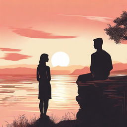 Illustrate a man observing a side-profile woman during a picturesque sunset.